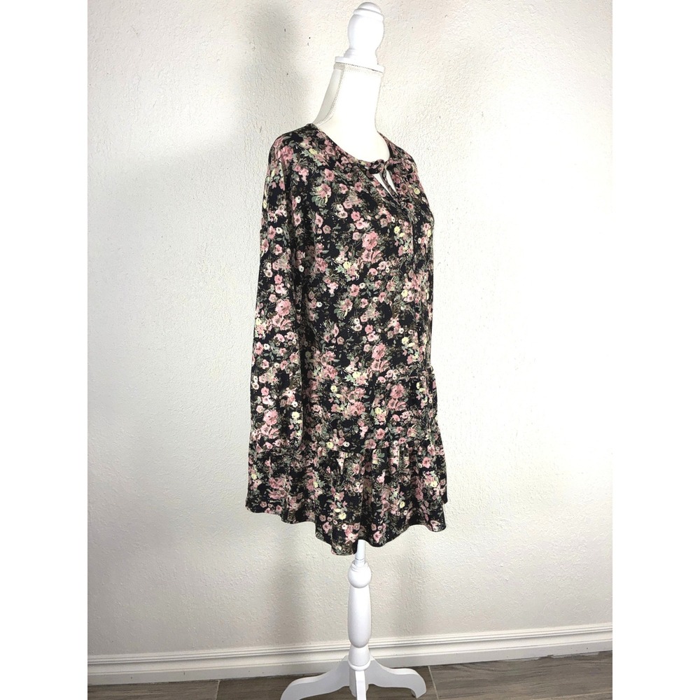 Maurices Black Floral Tiered Mini Dress - L‎ - Long Sleeve Keyhole Boho Floral